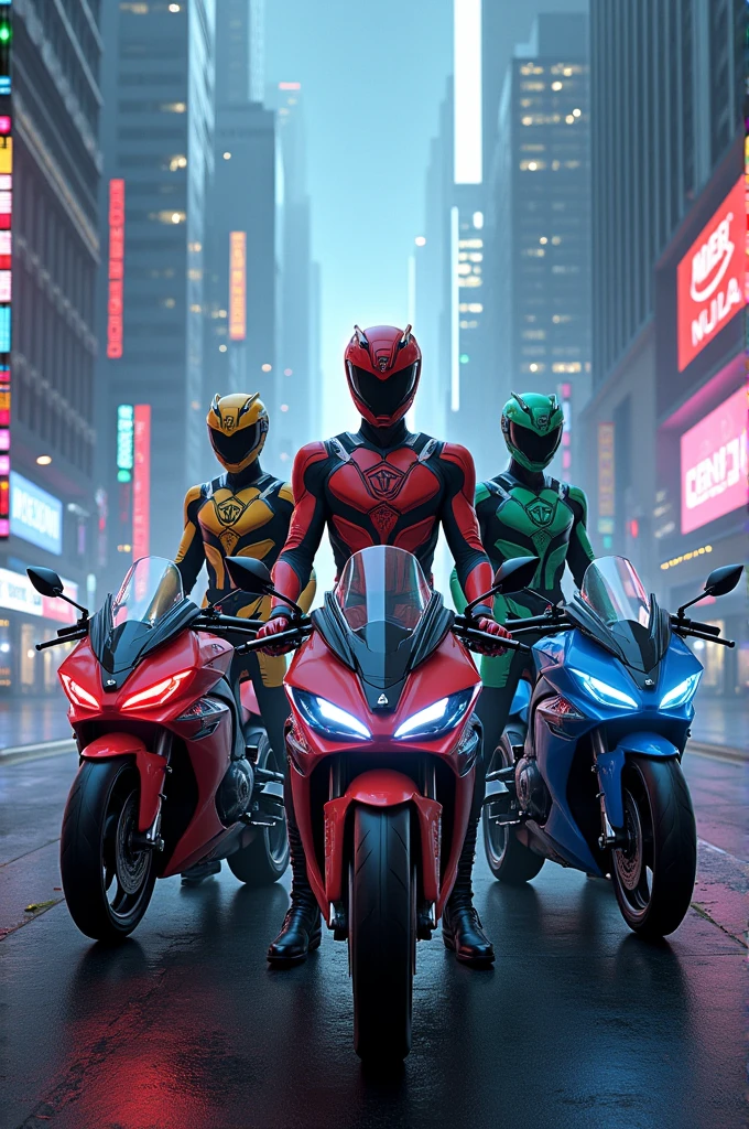 I need you to look for power ranger ninja storm and remake a new futuristic version WITH BIKES BEHIND EACH RANGER, RED RANGER, YELLOW RANGER, GREEN RANGER, AND THE BLUE FEMALE RANGER AND AN OPEN TRUCK leaving these bikes