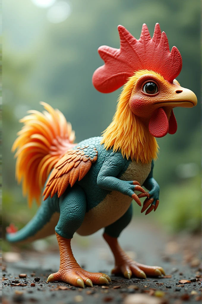 A  dinosaur with a head and wings of a rooster.  Body, feet and tail of dinosaur. Side view. Realistic hd