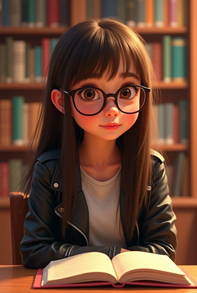 Pixar style poster of a 1 girl with straight hair, long, brown and ironed color and semi round glasses and brown eyes and casual clothing in a library with a black leather jacket and posing for a casual photo sitting with a book on the table and looking at the camera with a tender face and accessories