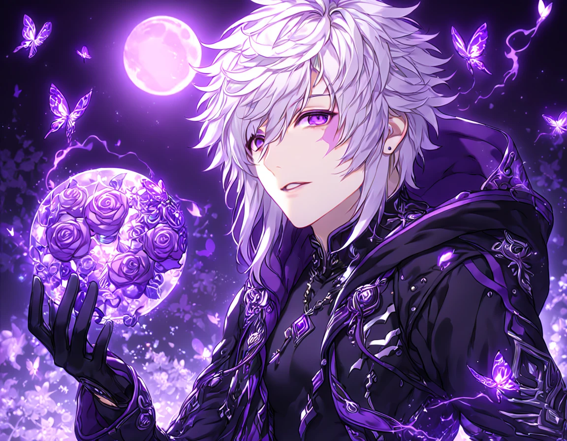 absurdres, highres, ultra detailed, HDR, master piece, best quality, extremely detailed, detailed face, Add, white hair, expressive purple eyes, Elsword, solo, sexy man, handsome, purple lightning scar on the left eye, wearing a hood, hooded black coat, black shirt with patterns, black gloves, magical, fantasy, under a purple tree, purple flames, purple moon, purple fireflies, purple roses, purple butterflies, glass magic