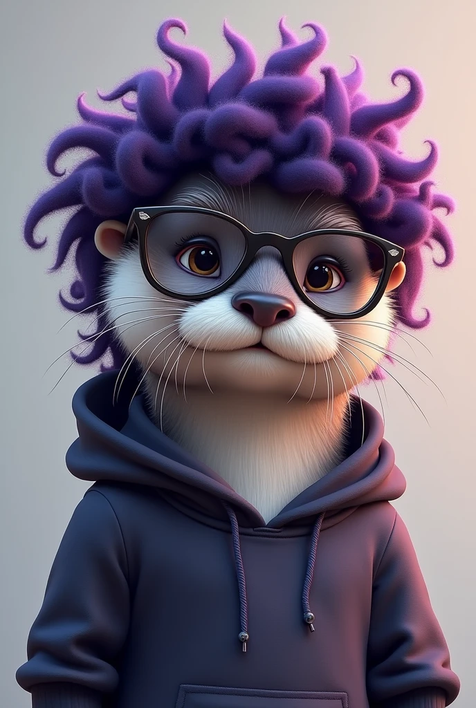 otter , curly black and purple hair, wearing glasses and a sweatshirt