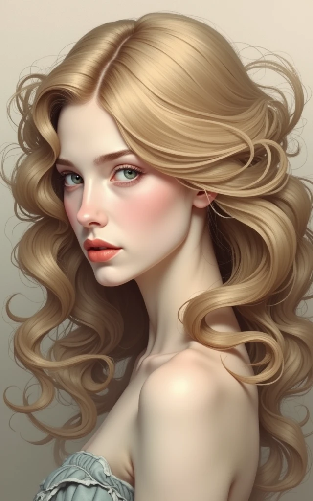 Flowing Hair as a Main Element: The hair would be the most prominent part of the design, flowing outward from the head in gentle, curved strands, typical of Art Nouveau. It would spread to frame the face in an organic, decorative manner without being overly complex. The hair would have depth and some shading but would avoid excessive detail to keep the design focused.