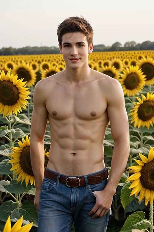 Young handsome cute beautiful skinny white face without shirt con un jirasol en un campo de girasol cowboy recogiendo girasoles