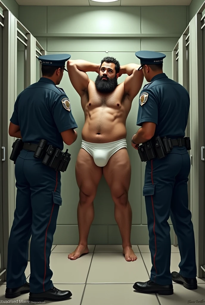 Big Puerto Rican Man, stark, hairy and bearded, in white underwear, with the legs well apart from each other, with hands raised behind head, having his underwear searched by two police officers inside a store&#39;s changing room, with a young man in casual clothes watching closely.