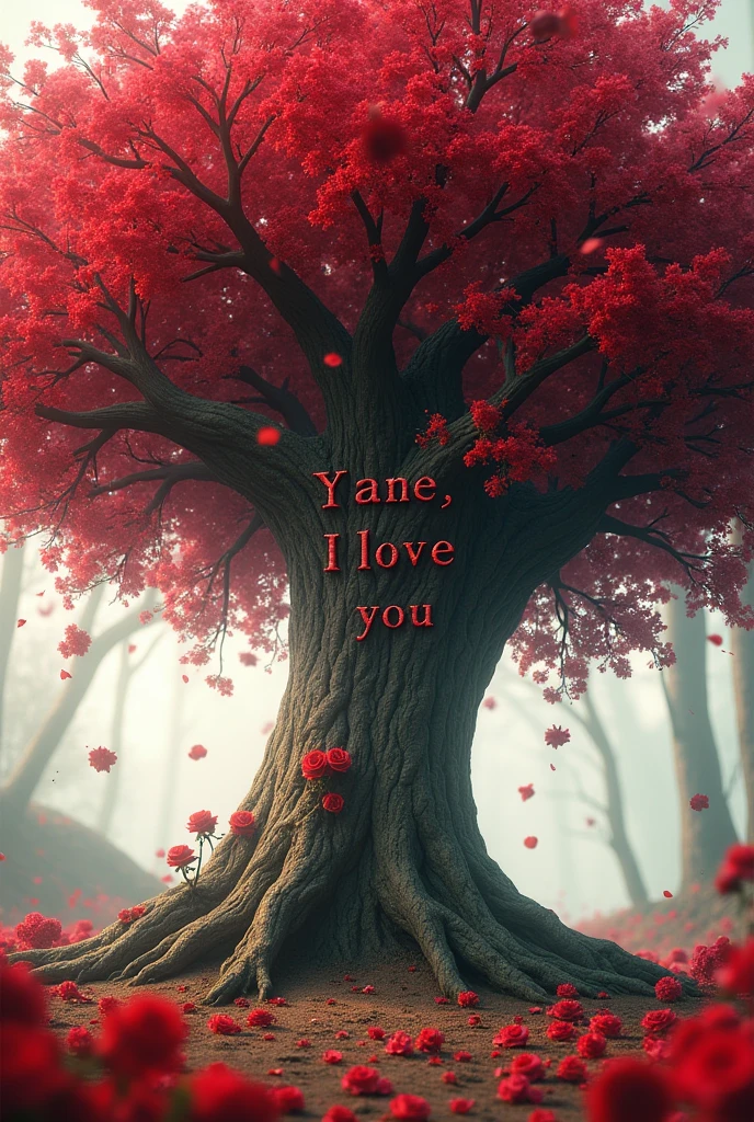 A tree that has red roses instead of leaves and that has the text Yane I love you