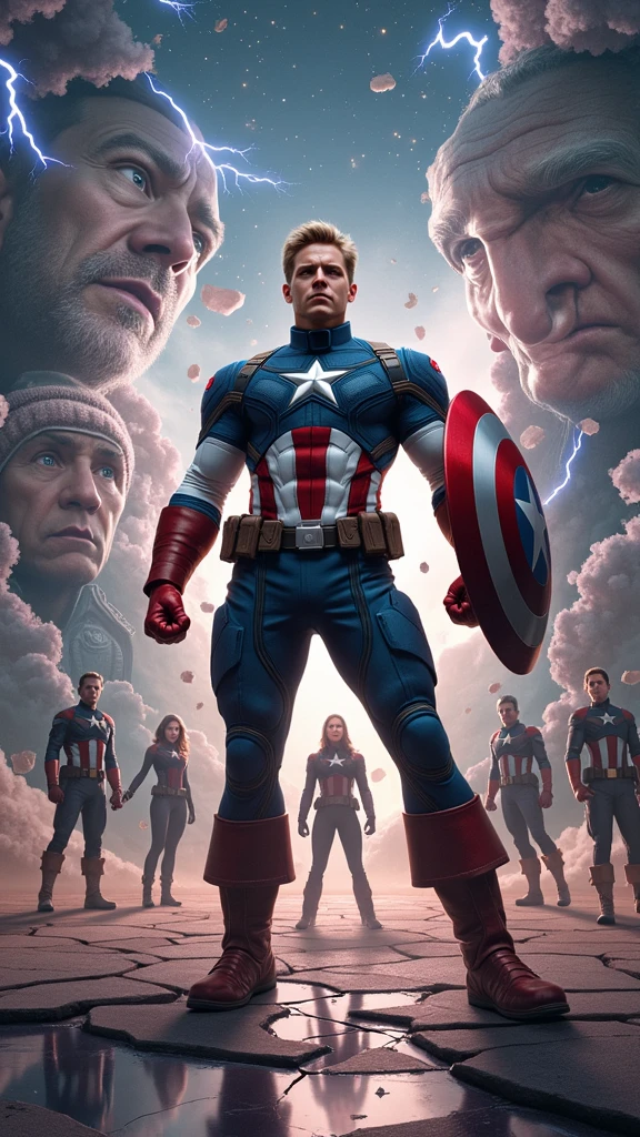 Clareza e Especificidade no Prompt: Captain America stands at the center of the image, with his shield raised defensively as the world around him begins to distort and fracture. The scene focuses on the chaos of time collapsing in on itself, with multiple versions of events and characters from different timelines converging.
Detalhes Visuais: Captain America is depicted in his full suit, standing firm with his shield glowing faintly from the energy of the Reality Stone embedded within it. His expression is one of shock and determination as he watches time begin to unravel. Around him, the environment should show fractured pieces of reality—shards of glass-like time fragments that reflect different moments of his life. These fragments should include distorted images of his battles, allies, and key moments, all blending and overlapping in a chaotic yet controlled manner.
Contexto e Composição: The composition centers on Captain America, but the background is filled with swirling, fragmented images and temporal distortions. The perspective should be slightly above, looking down at Captain America, emphasizing the disorienting effect of the paradox forming around him. Various temporal versions of himself might appear, each slightly out of sync, adding to the visual complexity.
Atenção ao Ambiente: The environment around Captain America should be a chaotic mix of timelines colliding. The ground beneath him cracks and splinters, with fragments of past and future scenes merging together. The sky is split into different colors and times of day—daylight on one side, night on the other, with a twilight zone in between where stars and the sun coexist. Lightning and temporal energy arcs through the sky, connecting the fragments of time like electrical currents.
Referências Emocionais: The atmosphere is tense and chaotic, filled with a sense of impending disaster. Captain America's posture is defensive, as if he’s bracing against a force beyond his control. His eyes reflect
