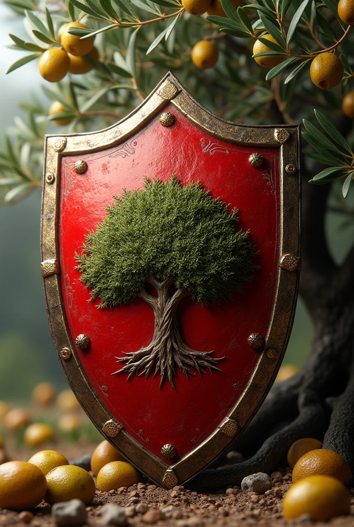 Red shield, with a green olive tree, realistic silver and gold fruity plucking