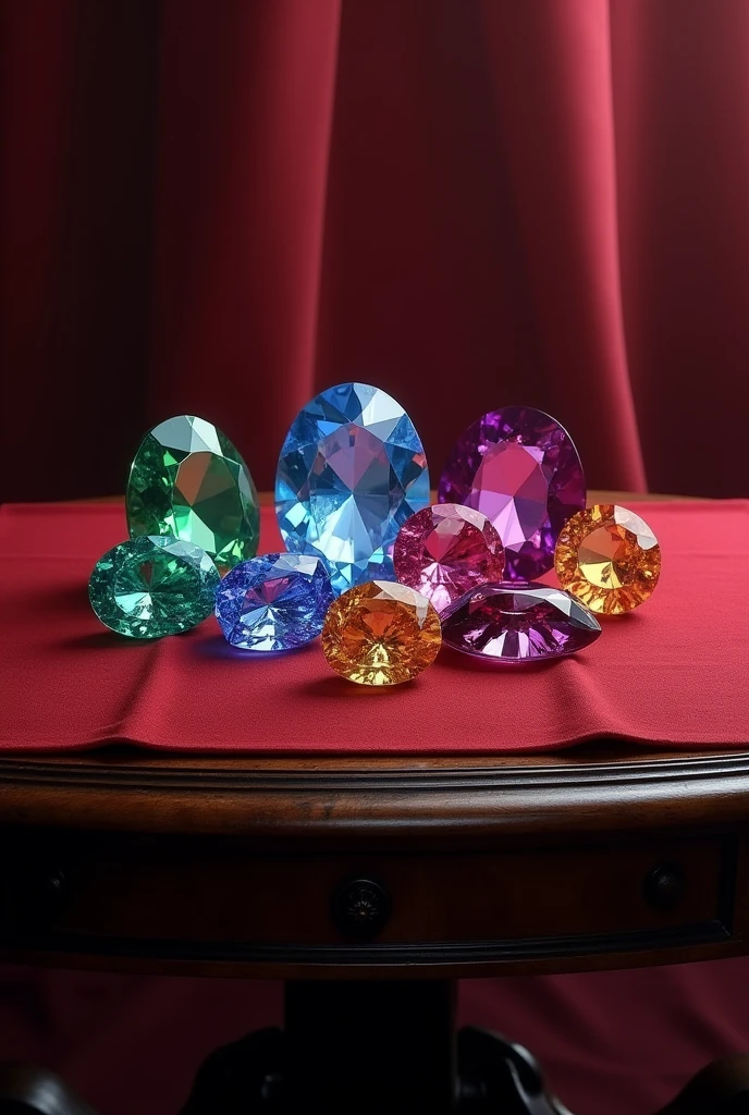A jewelry-based logo made simple, containing white diamond ,sapphire ,emerald ,ruby topaz and amethyst being large stones highlighted on top of a red tablecloth on an antique darkened mahogany table