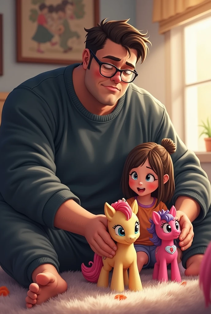 Picture an extremely tall and strong man wearing a dark sweatshirt and sweatpants and round glasses as he is playing with a little brunette girl with straight hair with both of them having a lot of fun as they both play with some My Little Pony toys. 