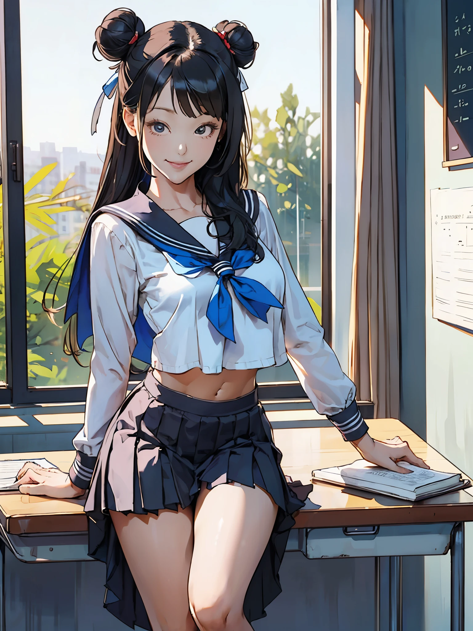 girl, standing leaning forward, sailor collar, bow details, long sleeve cropped blouse, very long hair, twin hair buns, detailed face, looking at viewer, smile, navel, pleated mini kirt sitting, table, book and writing tools on table, classroom, black hair, photorealistic, high bloom effect, diffused light, overexposed edges,