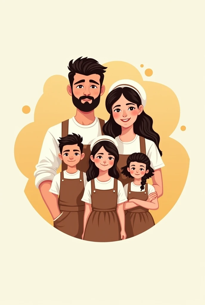 logo of a bread and cake factory, called Gluten Free Love, in the center a family with a beardless father, a mother, a son and a daughter and all wearing aprons and headdresses