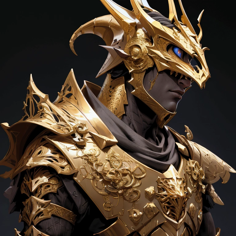 envision a 8k, highres, cinematic close up portrait of a Knight named Ornstein with a slender body with Grand Golden armor with a dragon slayer helmet against a dark gray background in the style of dark fantasy