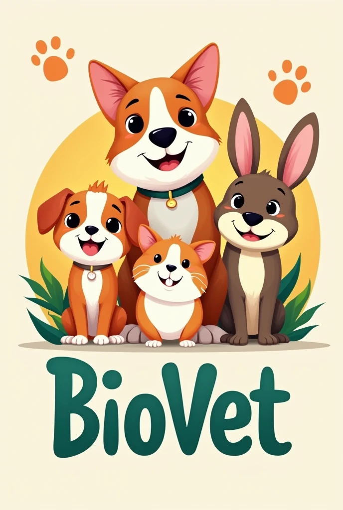 A veterinary clinic logo with the name BIOvet featuring various animals, Puppy, catboy, Guinea pig, Bunnygirl