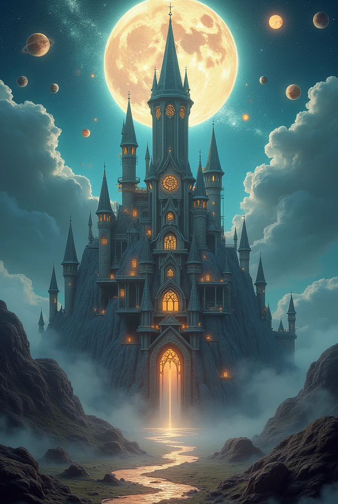 Create a mystical and fantastic castle in 3D .
With astrological symbols and meanings ak planet sun with a tall main tower