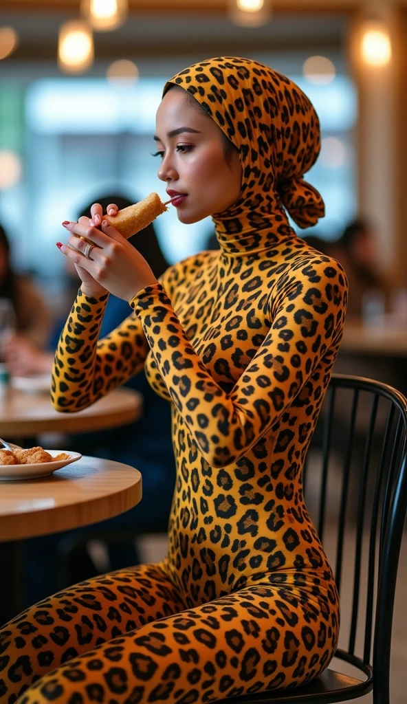 The most beautiful,thin,most pretty and clever Asian muslimah adult girl wears sunda clouded leopard print lycra turtleneck unitard catsuit covered with many spots.She always wear sunda clouded leopard print lycra dancewear stretchy square hijab covered with many spots.She sits on the metal chair to eat roti canai in the restaurant.