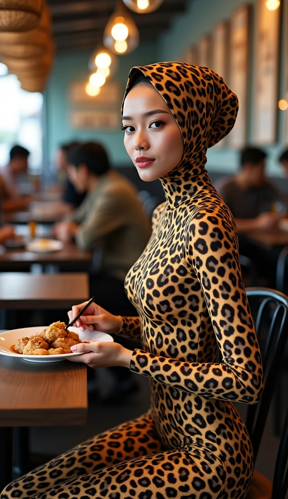 The most beautiful,thin,most pretty and clever Asian muslimah adult girl wears sunda clouded leopard print lycra turtleneck unitard catsuit covered with many spots.She always wear sunda clouded leopard print lycra dancewear stretchy square hijab covered with many spots.She sits on the metal chair to eat roti canai in the restaurant.
