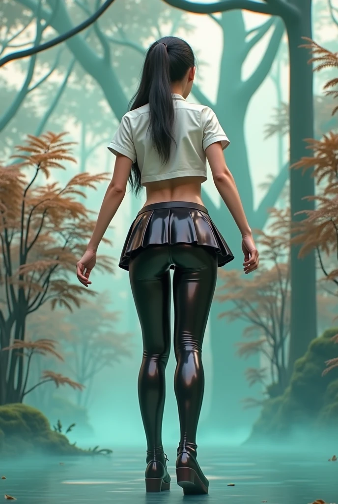 Back view of a big ass schoolgirl in latex leggings in the forest