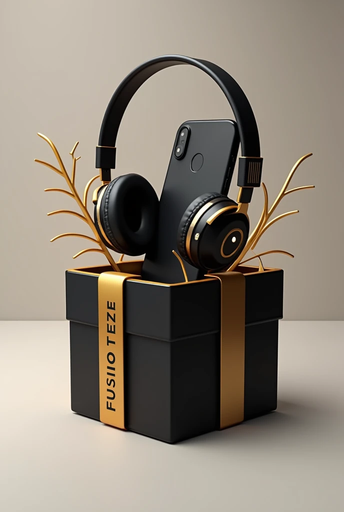 Logo for store, a gift box coming out of it a cell phone and a headset in black and gold with Fusion Zerotreze written on the box