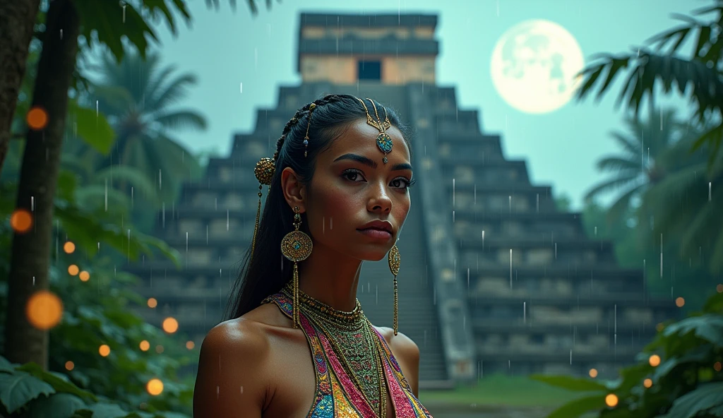 a gorgeous Mayan girl wearing the most vivid and luxurious glittery outfit, traditional native clothing, best quality, 8k, masterpiece, ultra-detailed, realistic, photorealistic, physically-based rendering, vivid colors, sharp focus, studio lighting, in front of a Mayan temple, dynamic ink painting of a Mayan woman shaman, walking away from the pyramid, ground level shot, the most beautiful temple in the world, jungle leaves shining through rainwater, moon\(pale blue\) with a light overcast, beautiful Mayan woman, full of wisdom looking straight into your eyes, looking straight at the camera, smiling ,raining softly, fireflies flying around, long distance shot