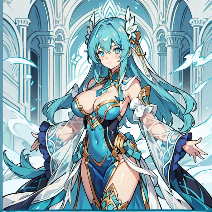 Girl, beautiful, with big breasts, with exotic blue clothing, clear skin, by the celestial, blue eyes.