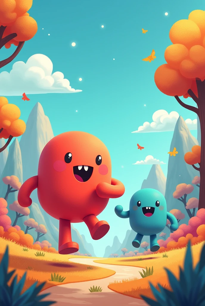 draw and create two cute characters, they must be formless non-human beings for children. Strength and Movement they are friend adventurers. Strength robust red and Movement light blue, these on a fantastic land of Energyland, where the laws of physics came to life, it must be cute and colorful for kids with running poses
