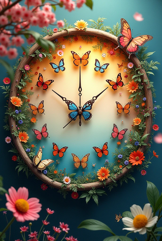 Give me a wall clock, that inside the clock there are butterflies and nature, make it colorful 
