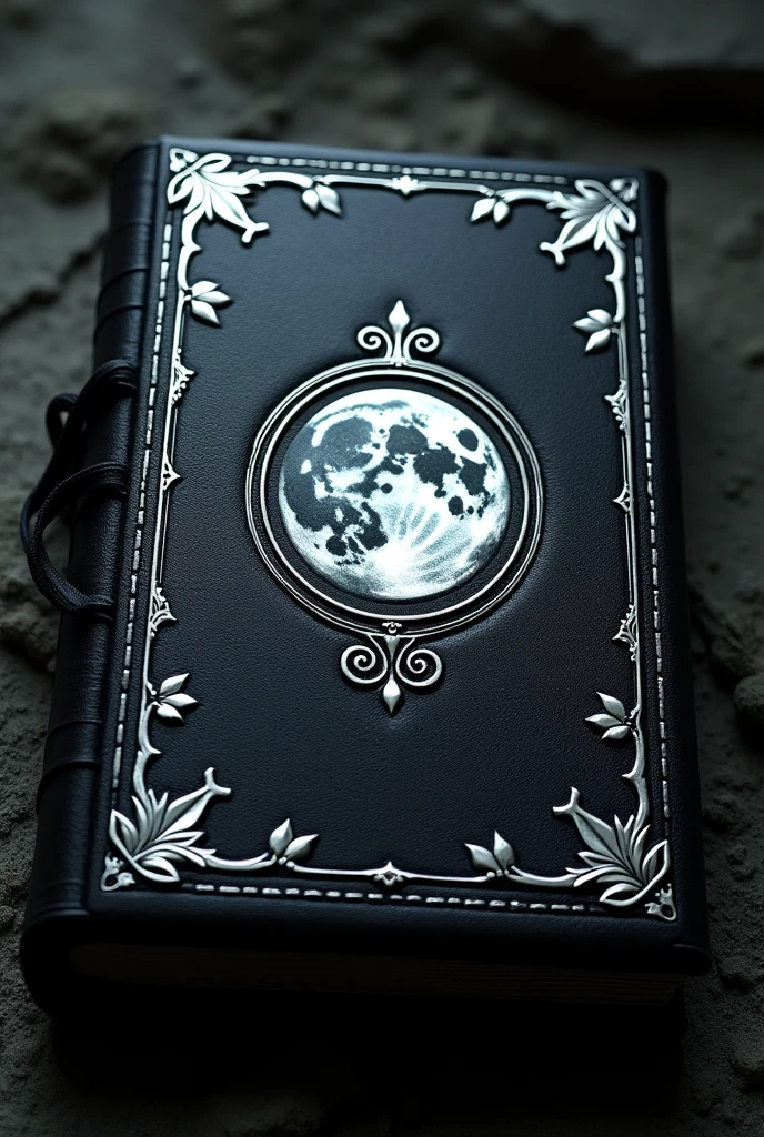a black grimoire with silver carvings with small vine leaves on the four corners of the cover and in its center a full moon