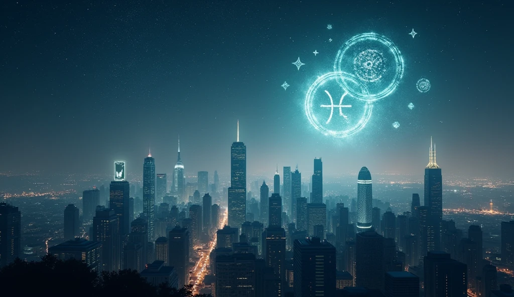 "A serene night-time view of a city with astrological symbols glowing in the sky and economic indicators overlaid. The atmosphere should be calm and predictive, suggesting a harmonious blend of future trends and celestial influences. --ar 16:9"