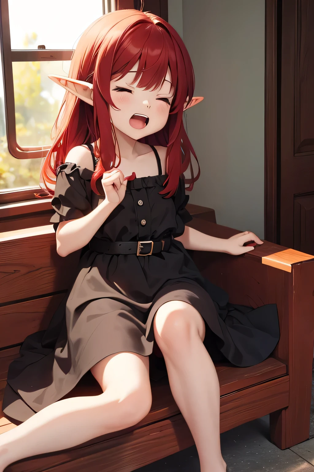  elf girl, red hair wearing a little black dress yawning sleepily