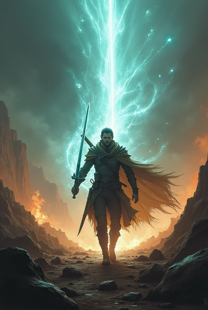 On the devastated battlefield, Jean emerges from the trenches, brandishing the sword of light given to him by the elf. A blinding blade of energy gushes from the sword&#39;s guard, sweeping away enemy soldiers like dead leaves in the wind.