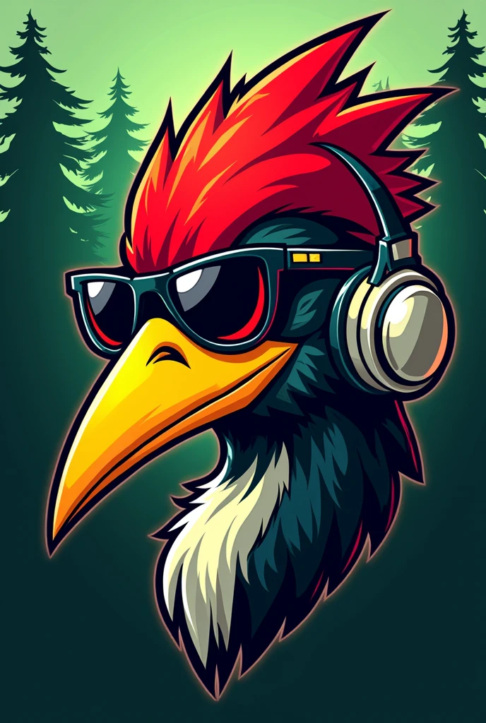 A cartoon illustration of a woodpecker's face, with an aggressive visual, wearing aviator sunglasses, e headphones, to be used as a vest patch for a forestry engineering athletic team. The feathers on the woodpecker's head should be red and black., and the long yellow beak. Place trees in the background and create an illustration with a neon balance of green and red colors.