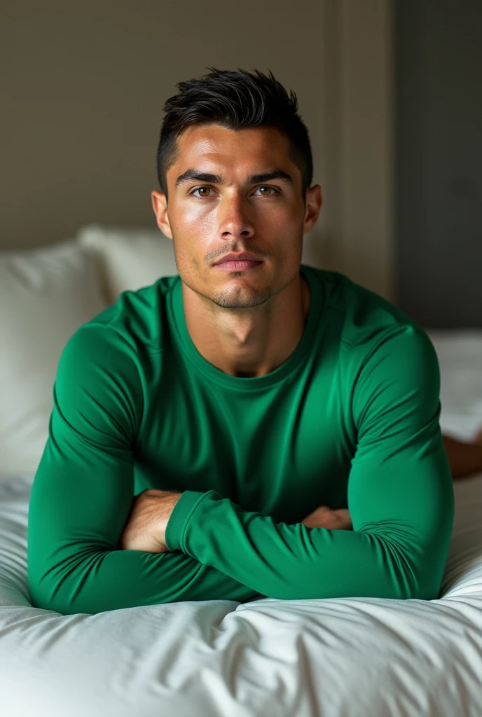 Cristiano Ronaldo, with the Green ranger mighty morphin costume, without helmet, tight suit, lying on a bed, clear skin (no beard or mustache) Cr7, looking to the camera