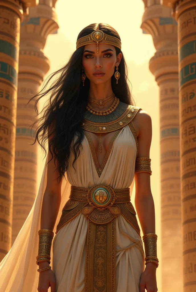 An Egyptian queen with black hair, brown eyes and fair skin
