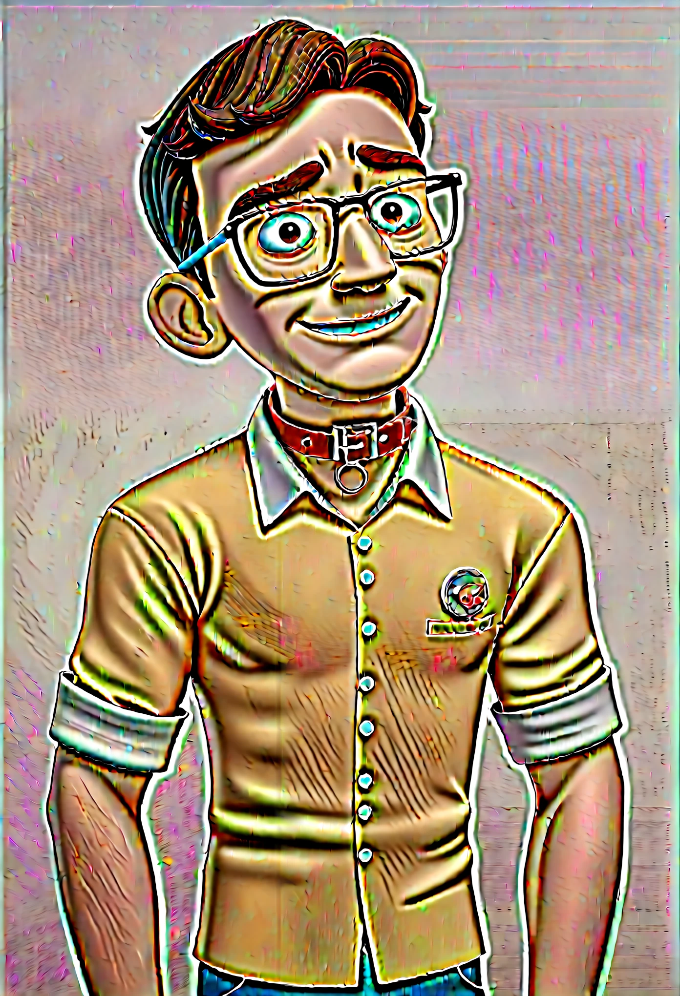 Cartoon character of a man with black glasses and a yellow polo shirt with a red collar, an animated character, stylized character, animation style rendering, 3d stylized, Arnold Maya rendering, Stylized 3D rendering, toon render screenshot, 3d character, 3d character, Stylized 3D rendering, 3D character rendering, cartoon character, Personagem de close-up, character posing, (Pixar-style) (master part:1.2) (bokeh) (best qualityer) (skin detailed) (detailed texture) (8k) (Argilla) (cinematic lighting) ( sharp focus, Sit down and lift your upper body