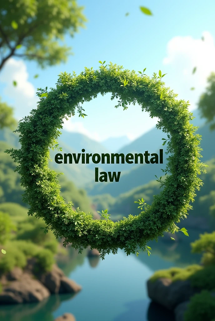 create a round image with a legal theme that contains the words "Environmental Law" in a fairly large size and realistic animation style
