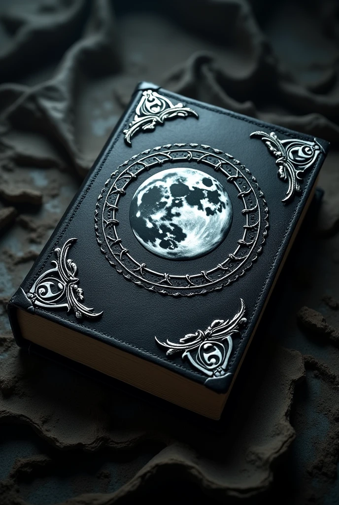 a black grimoire with silver carvings with small vine leaves on the four corners of the cover and in its center a full moon