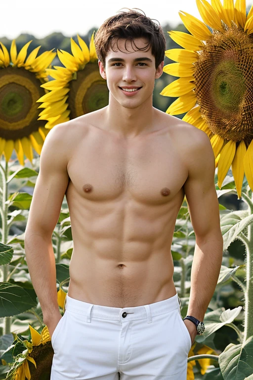 Young handsome cute beautiful skinny white face without shirt  con un jirasol en un campo de girasol cowboy recogiendo girasoles