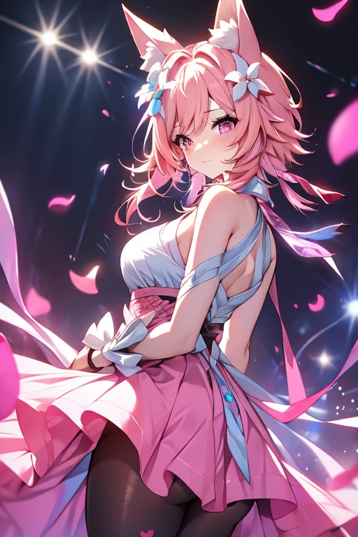 An adult woman with pink eyes, long bright pink hair with fox ears. Wears an elegant dress. She must be wearing a pink leggings. she comes from wonderland