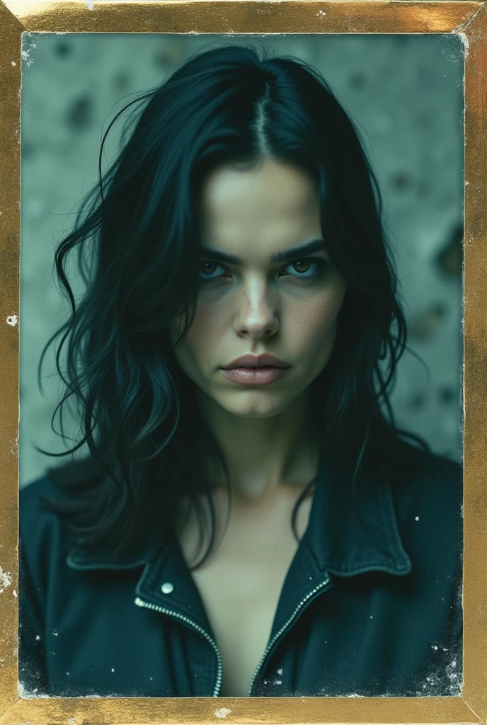 Polaroid portrait of Margaret Qualley, cinematographic, brutal, concrete, chiaroscuro, gilded metal and cyanotype