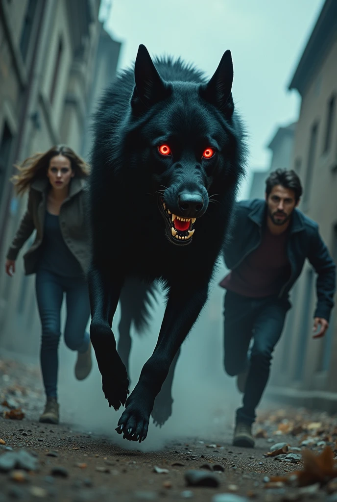 Man and woman, chased by a large black dog with red eyes