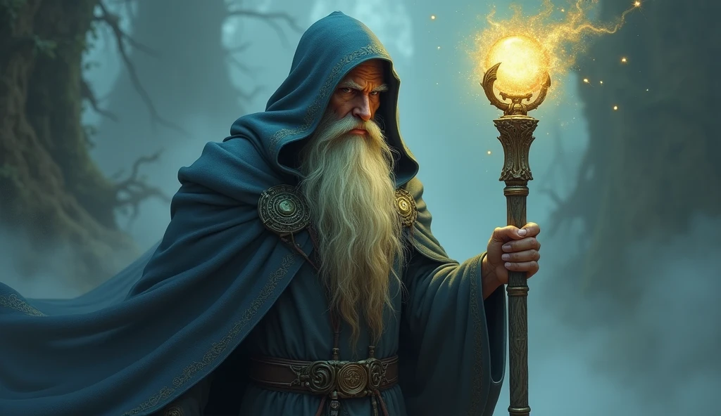 Image Prompt: A tall, cloaked figure with a long beard and a sly smile. He holds a staff topped with a glowing orb, and his eyes gleam with hidden knowledge..
