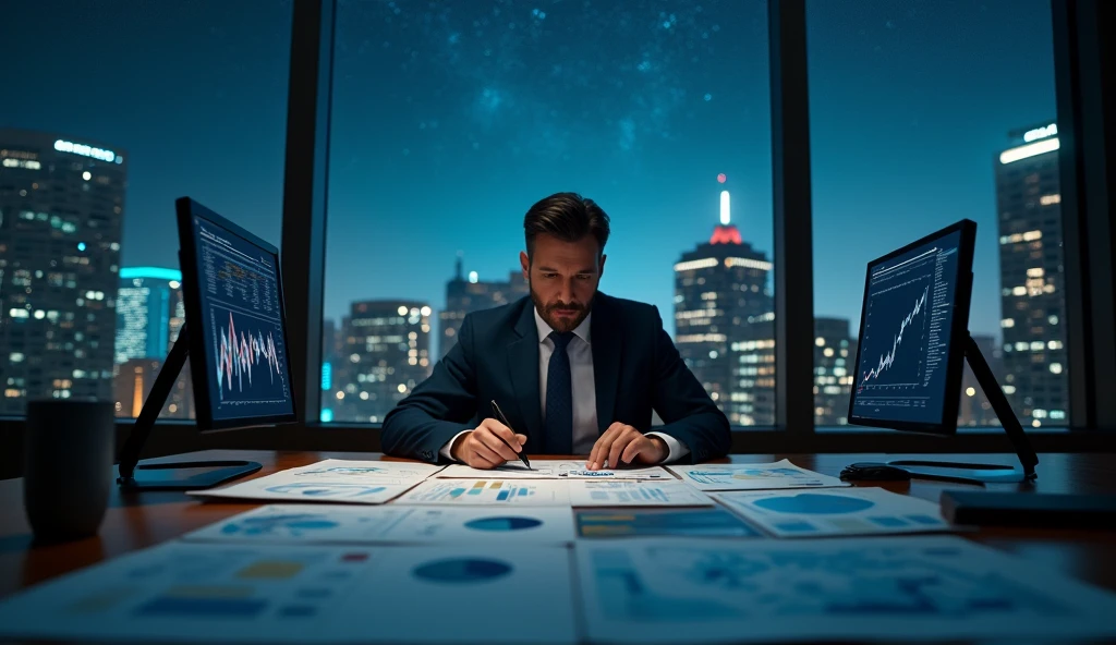 "An office with large windows showing a starry sky, a financial expert working late with astrological charts and economic data visible. The scene should convey a sense of diligence and forward-thinking strategy. --ar 16:9"