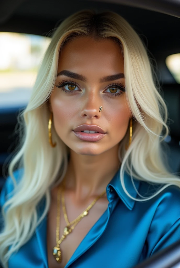 A Brazilian woman with straight, long, slightly platinum blonde hair , dark brown eyes with false eyelashes and nose piercing, inside a car with a normal facial expression and with a blue blouse with a nice lip gloss and ear with earrings, without defined jaw, and with golden jewels