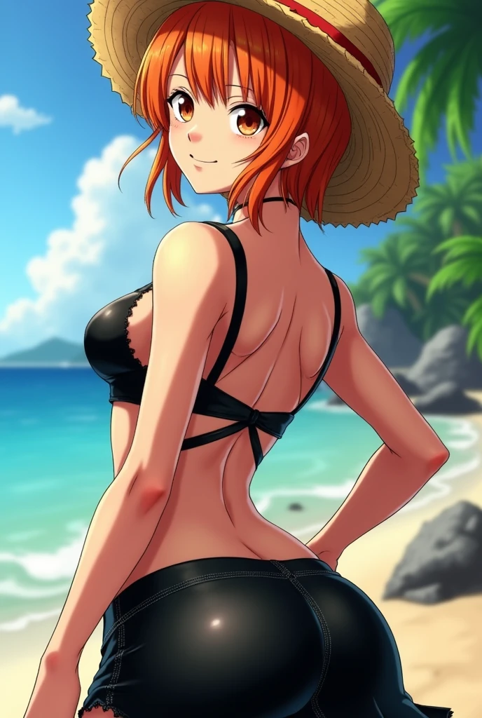 Generate a realistic anime-style image of Nami from One Piece. Capture her distinctive look with orange hair, a shirt, and a cheerful expression. Make sure the picture reflects your adventurous and confident personality as shown in the anime.., Whole body, Wide plan ,  Curvy athletic body, Island background,bra top, Skirt, orange eyes, orange eyes, armpits, black Leather Clothes, back ass, Big Booty, 