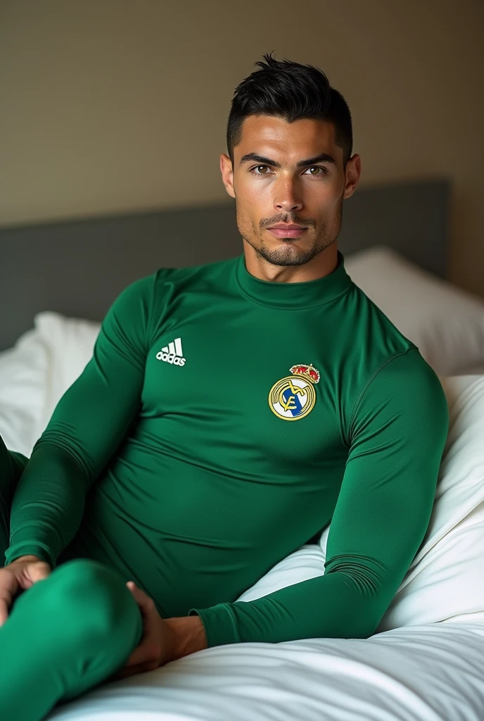 Cristiano Ronaldo, with the Green ranger mighty morphin costume, without helmet, tight suit, lying on a bed, clear skin (no beard or mustache) Cr7, looking to the camera