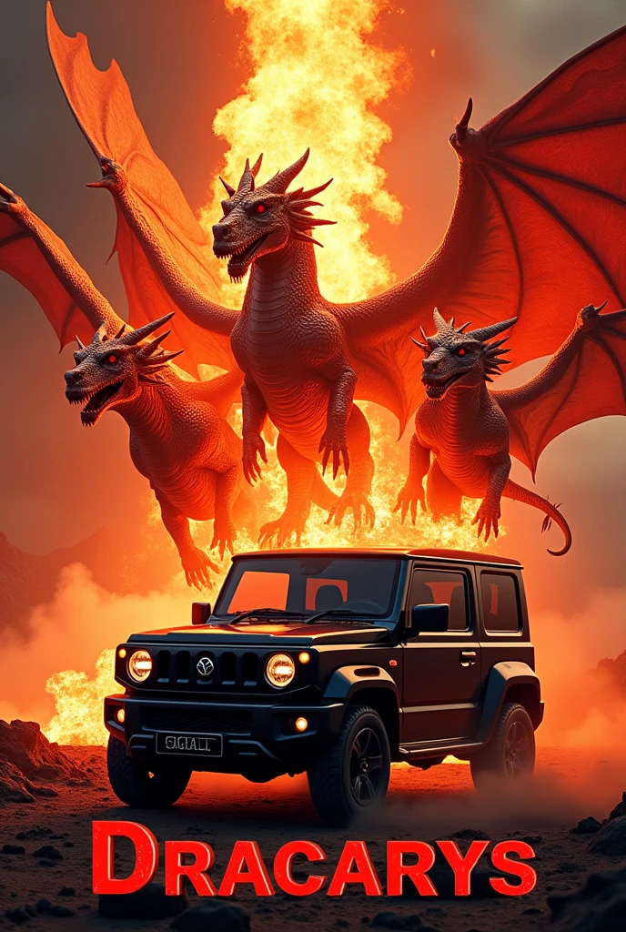 3D rendering of three majestic dragons, their scales shimmering in shades of red, unleashing torrents of fire over a sleek, black Jimny Sierra. The vehicle stands resilient amidst the inferno, its glossy surface reflecting the fiery spectacle above. Beneath this vivid image, in bold, crimson letters, the word "Dracarys" commands attention, invoking the essence of dragon fire and raw power. The interplay of red and black hues creates a dramatic, intense backdrop, capturing the fierce energy and unyielding spirit of both the mythical creatures and the rugged vehicle. The background is an adventurous offroad.