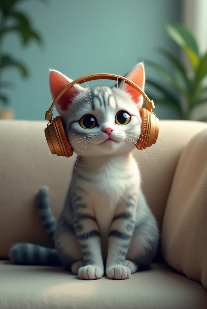 Catはヘッドフォンをつけている、人間のように振る舞うCat、Sit on the couch like a human、It is made up of soft, dull, pale colors.、Cat'The fur is rendered in soft shades of grey and cream..、Headphones warm colors、The background is accented with subtle shades of green and blue.