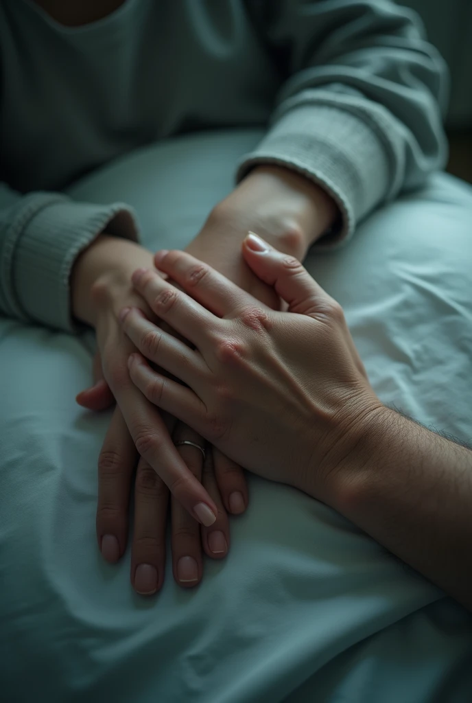 Hand on top of another hand as a gesture of support during a coma
