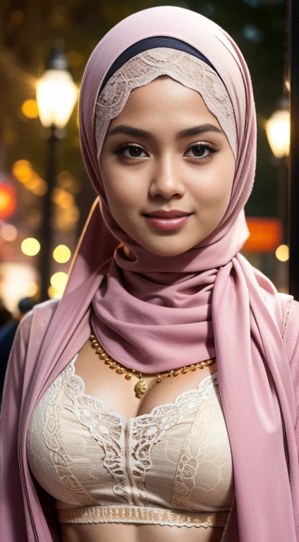 RAW, Best quality, high resolution, masterpiece: 1.3), Beautiful Malay girl in hijab,hight school girl,young girl Masterpiece, perfect fit body, beautiful big eyes, Soft smile,sexy girl , wearing a pink gold lace bikini, beautiful image, she smiles, smooth turtleneck, necklace , hairband, evening walk, City park, Great lighting, Bright colors, Clean lines,full body