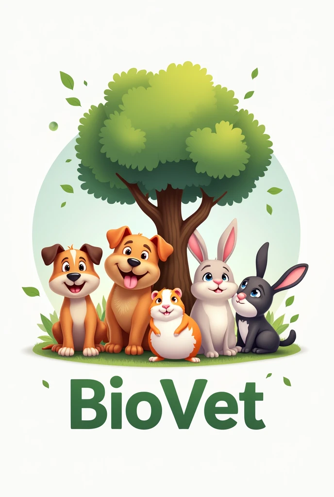 A veterinary clinic logo with the name BIOvet featuring various animals, Puppy, catboy, Guinea pig, rabbit and a tree